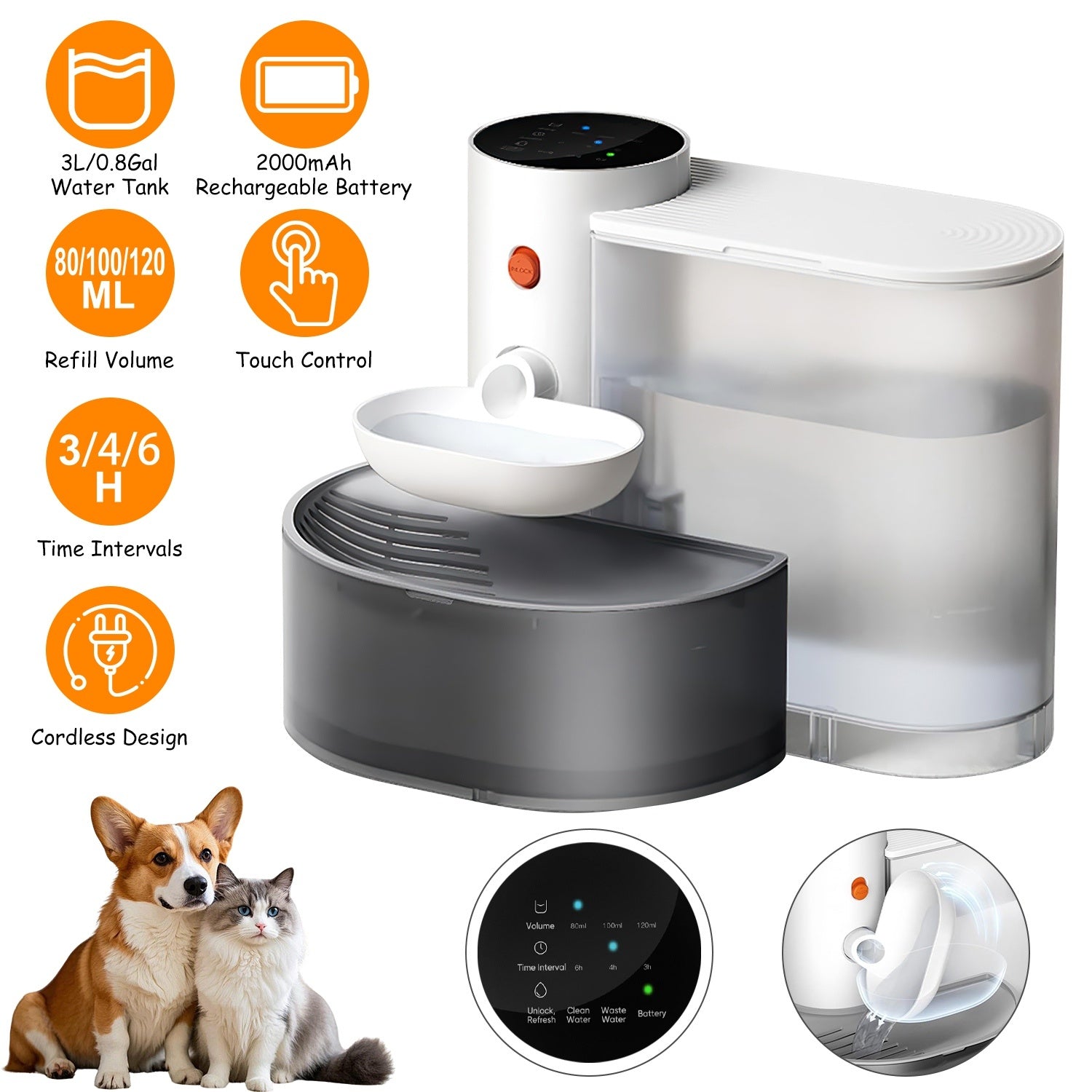 Smart 3L Automatic Pet Water Fountain – Cordless Rechargeable Cat & Dog Water Dispenser with Adjustable Volume & Timer