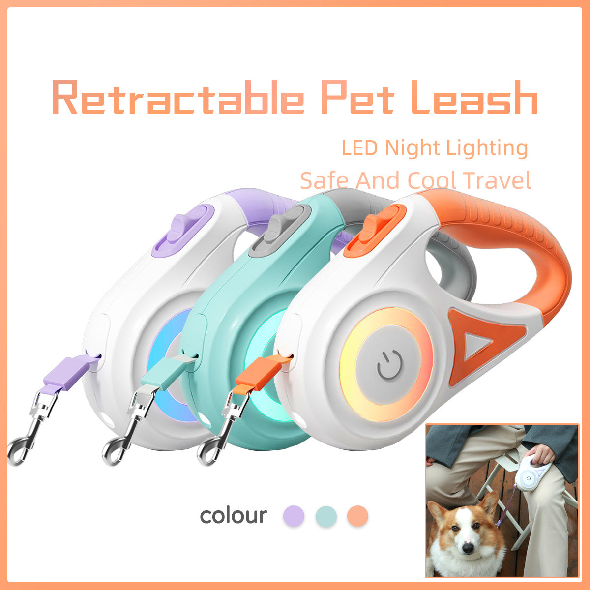 Dog Leash Retractable with Collar & Spotlight – Automatic Pet Traction Rope for Small & Medium Dogs, Adjustable Length