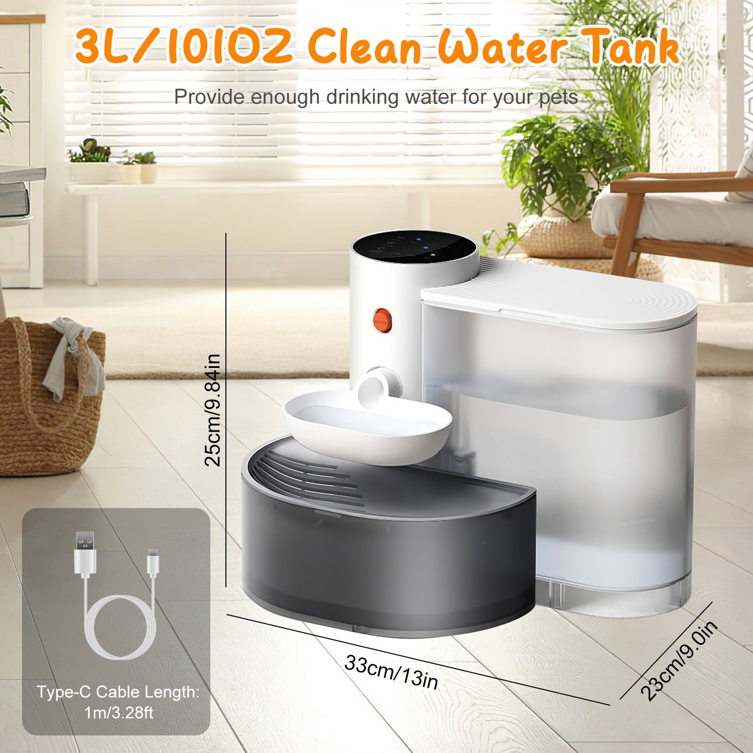 Smart 3L Automatic Pet Water Fountain – Cordless Rechargeable Cat & Dog Water Dispenser with Adjustable Volume & Timer